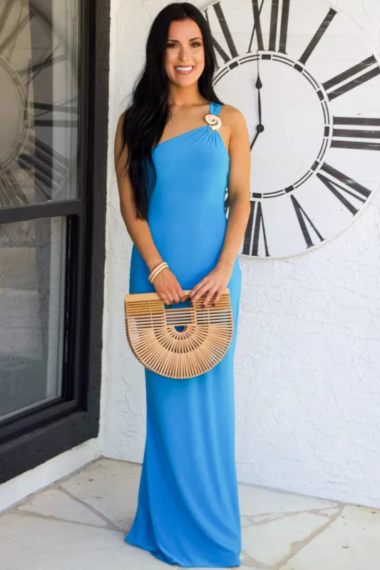 Seashell Summers One Shoulder Open Back Maxi Dress: Ocean Blue sold by Bella and Bloom