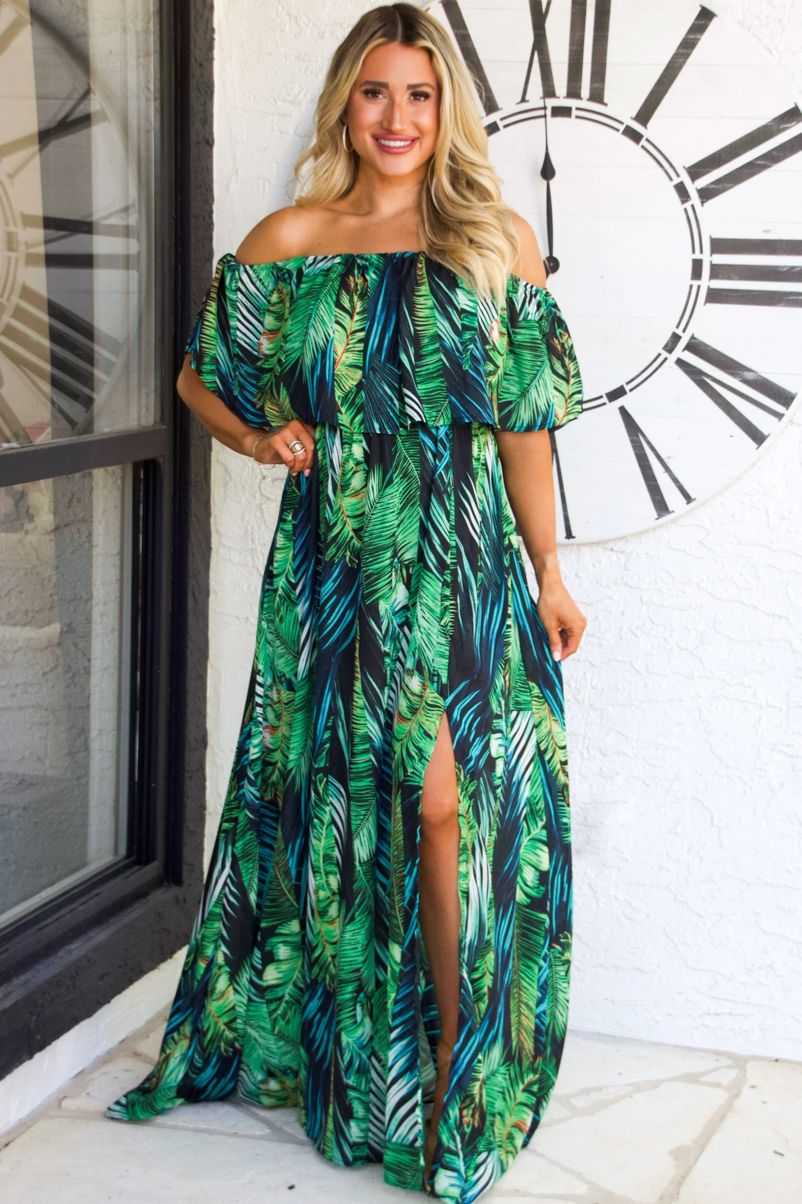 Tropic Ease Off Shoulder Palm Maxi Dress: Green/Black sold by Bella and Bloom