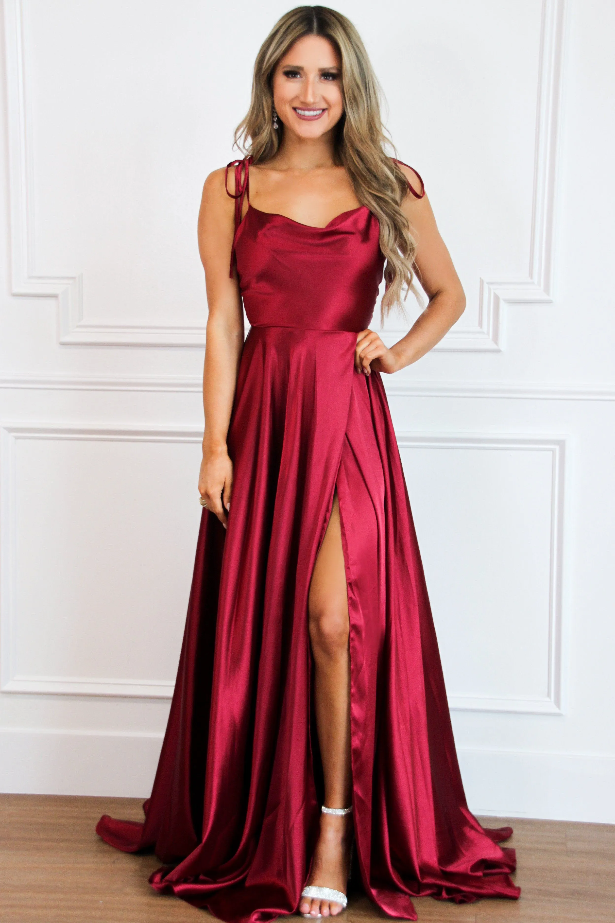 Tonight's the Night Satin Formal Dress: Burgundy sold by Bella and Bloom