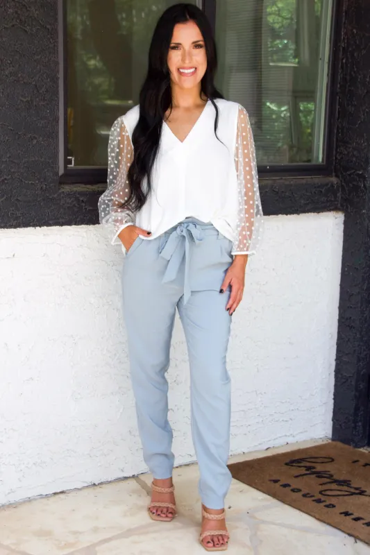 Melly Tie Pants: Dusty Blue sold by Bella and Bloom