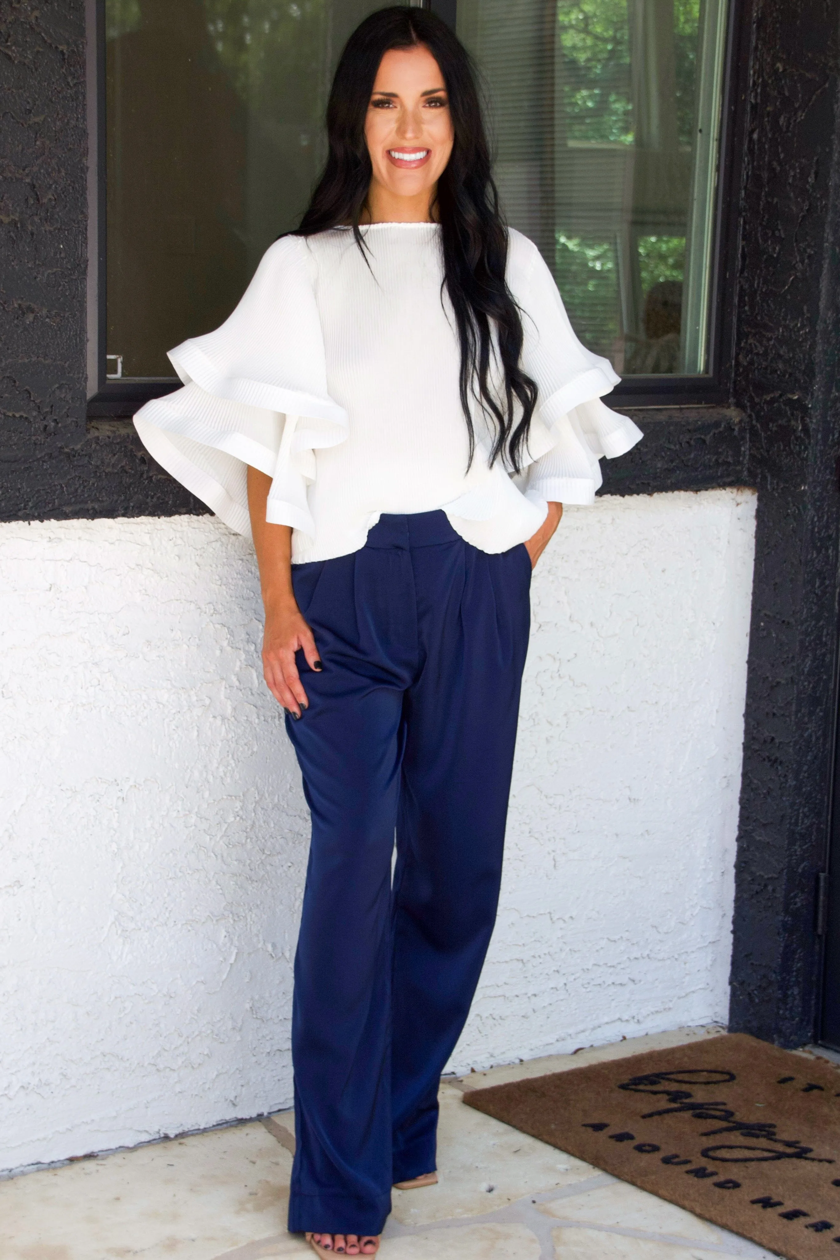 Jayden High Waisted Satin Pants: Navy sold by Bella and Bloom