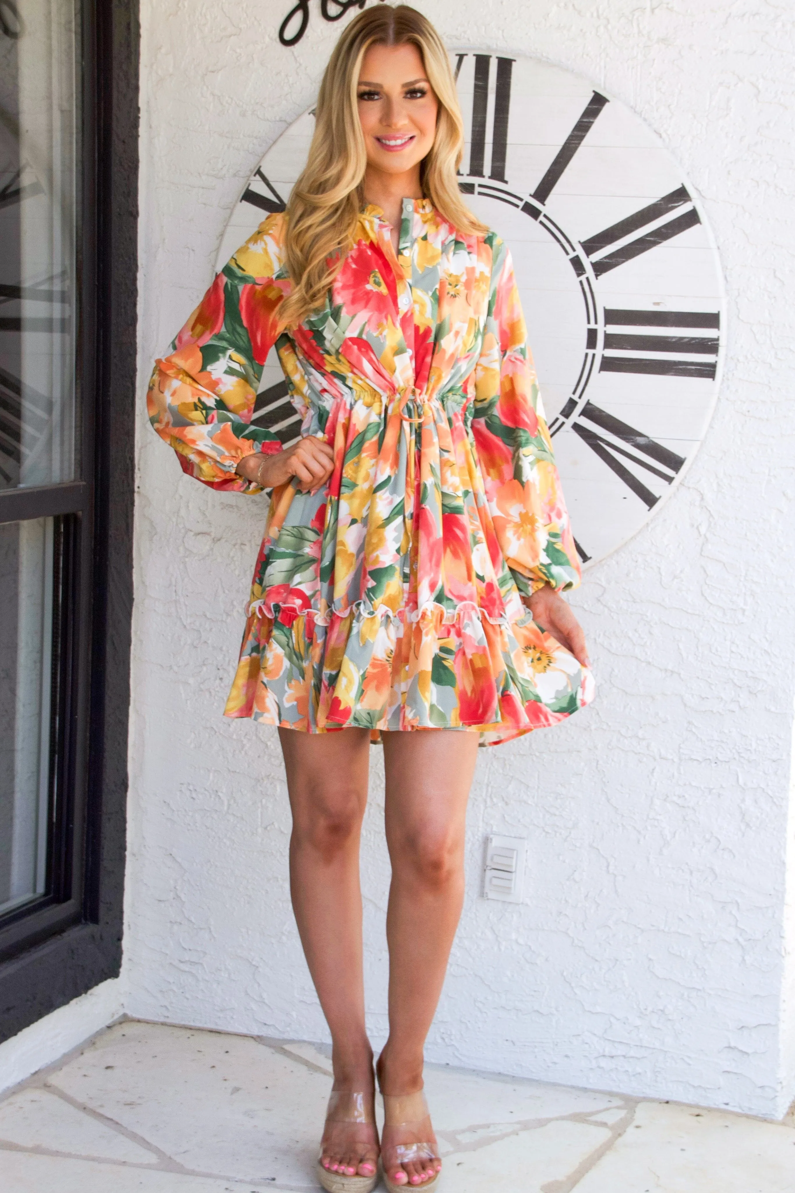 Floral Bliss Long Sleeve Cinched Dress: Multi sold by Bella and Bloom