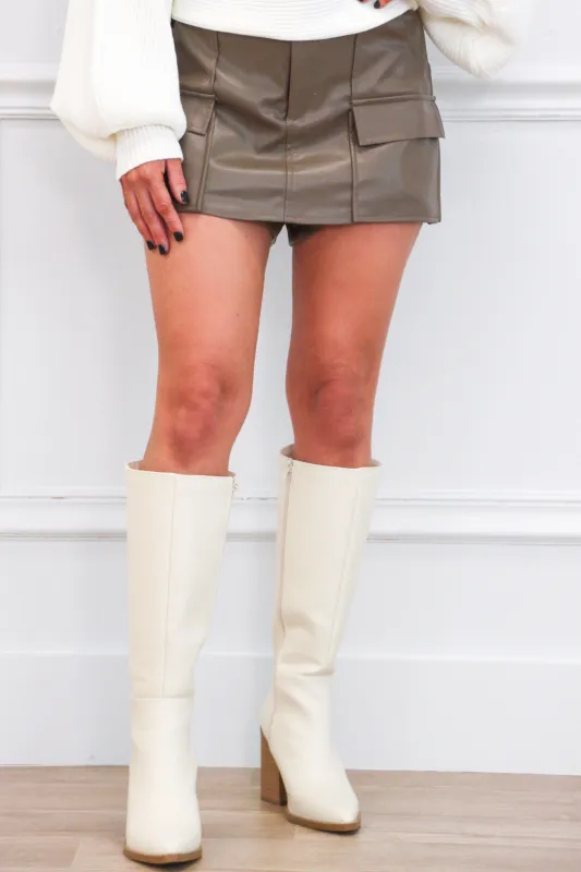 Cove Faux Leather Pocket Skort: Mocha Brown Mink sold by Bella and Bloom