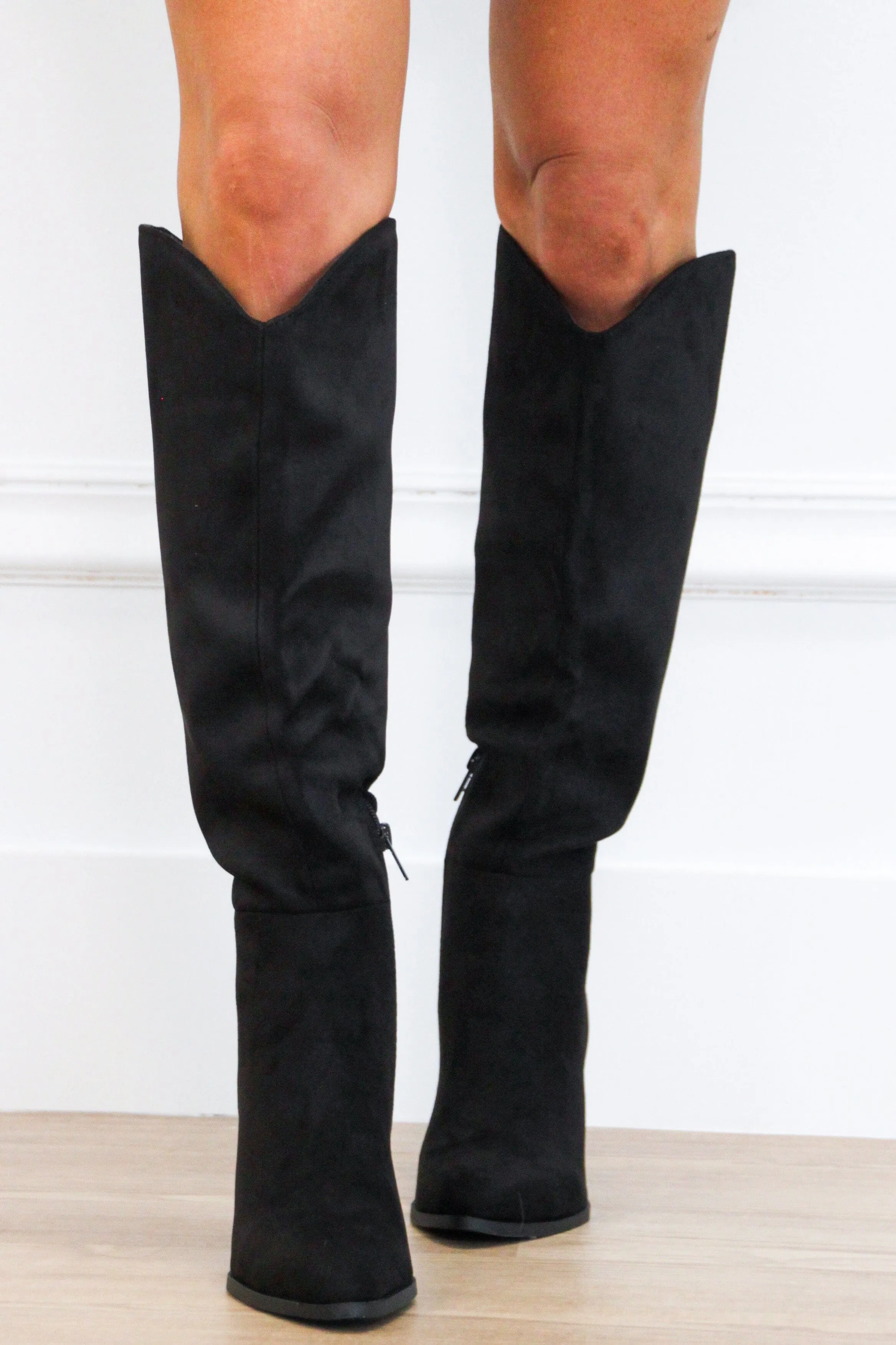 Fallal Suede Knee High Block Heel Boots: Black sold by Bella and Bloom