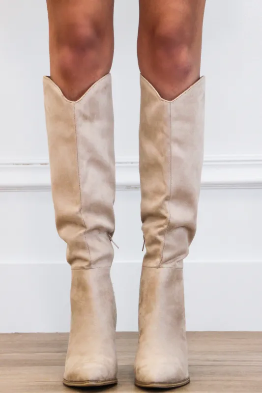 Fallal Suede Knee High Block Heel Boots: Clay Beige sold by Bella and Bloom