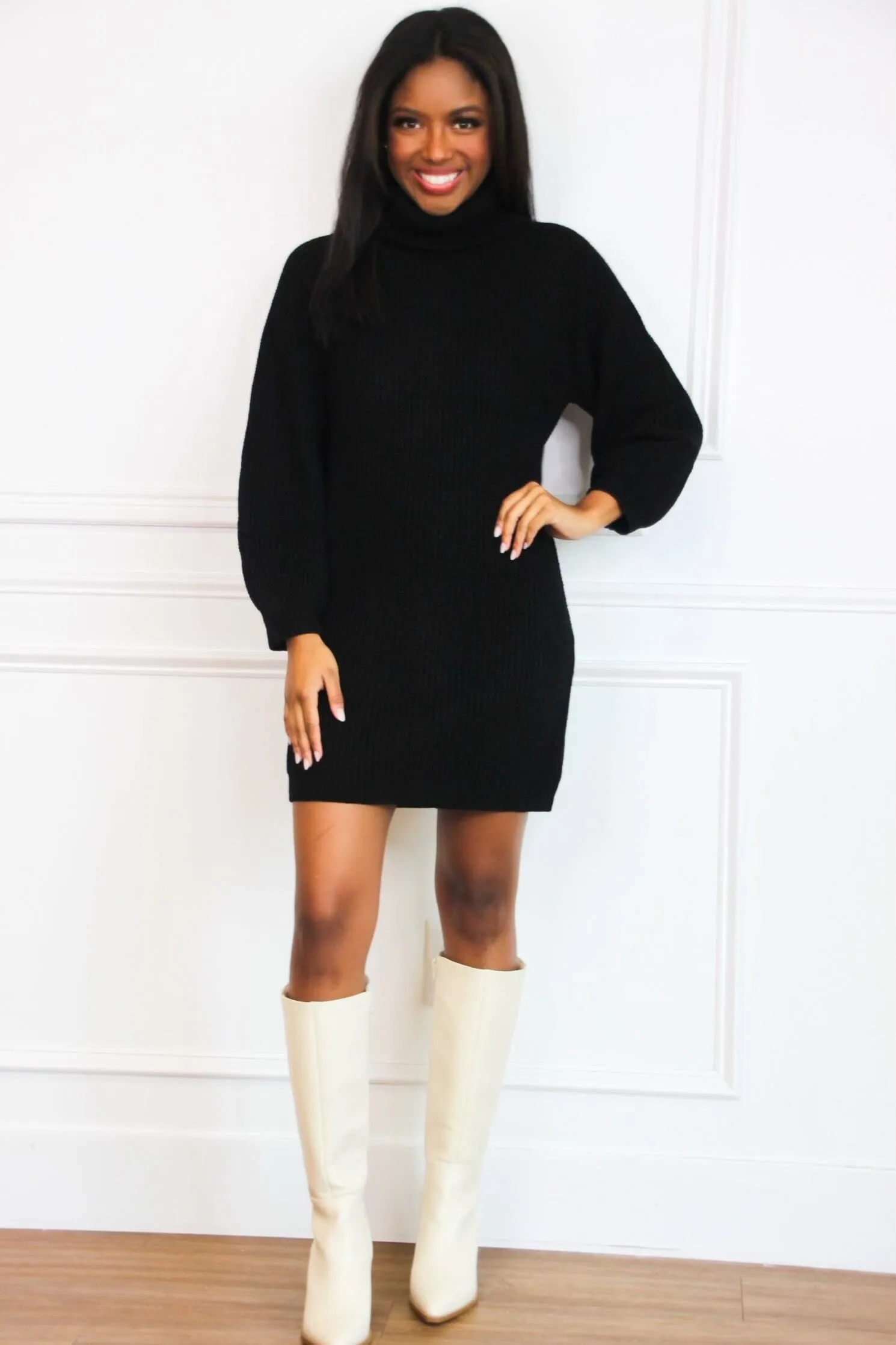 Mayci Turtleneck Sweater Dress: Black sold by Bella and Bloom