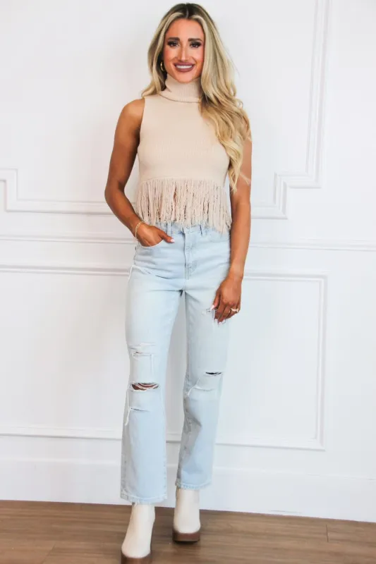 Roanie Turtleneck Fringe Sweater: Beige sold by Bella and Bloom