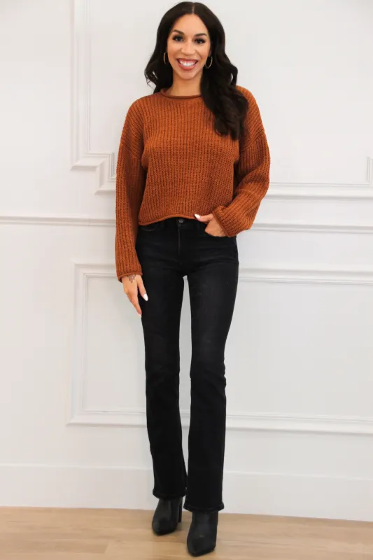 Jamelia Rolled Edge Cropped Sweater: Chocolate Rust sold by Bella and Bloom