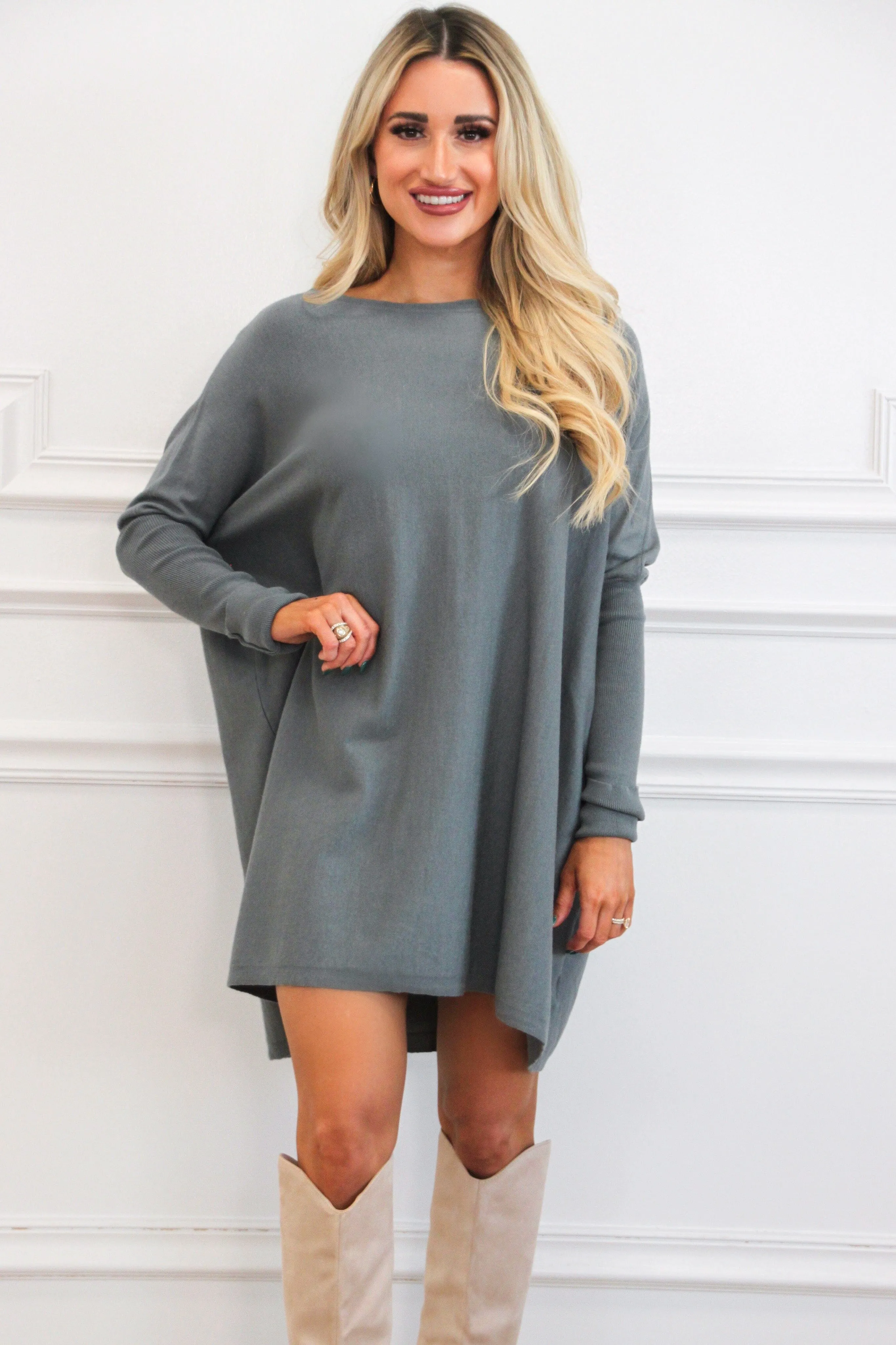 So Cozy Boat Neck Tunic Sweater: Dusty Blue Olive sold by Bella and Bloom product image thumbnail 3
