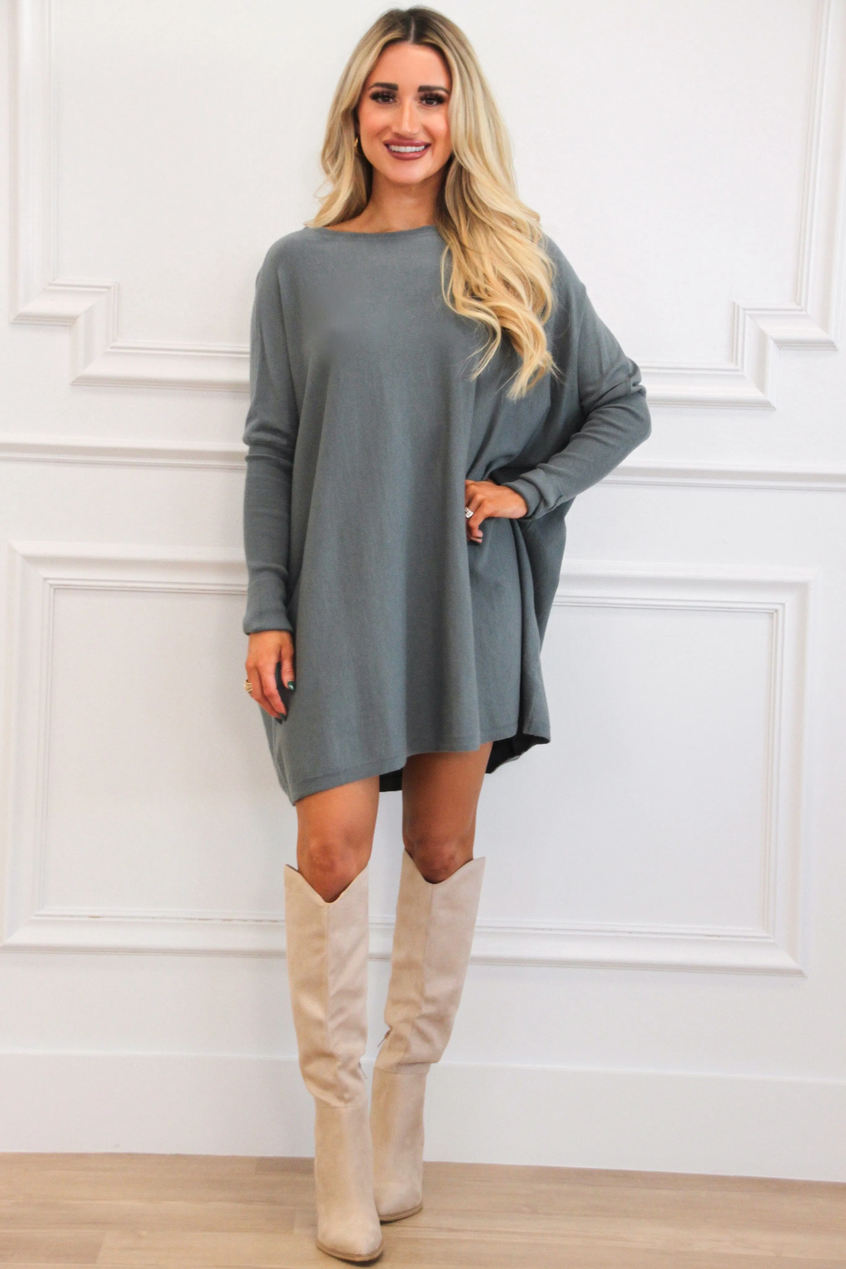 So Cozy Boat Neck Tunic Sweater: Dusty Blue Olive sold by Bella and Bloom