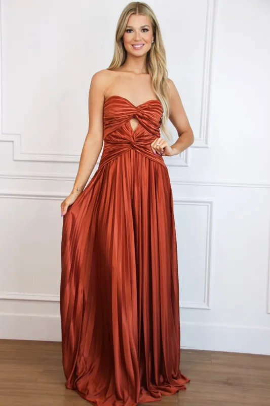 Carolina Strapless Pleated Maxi Dress: Rust sold by Bella and Bloom