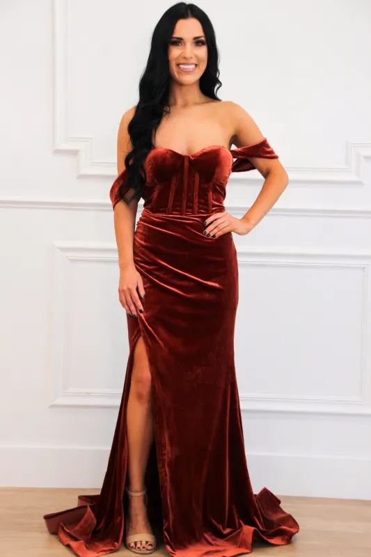 Winona Velvet Bustier Off Shoulder Maxi Dress: Terracotta Rust sold by Bella and Bloom