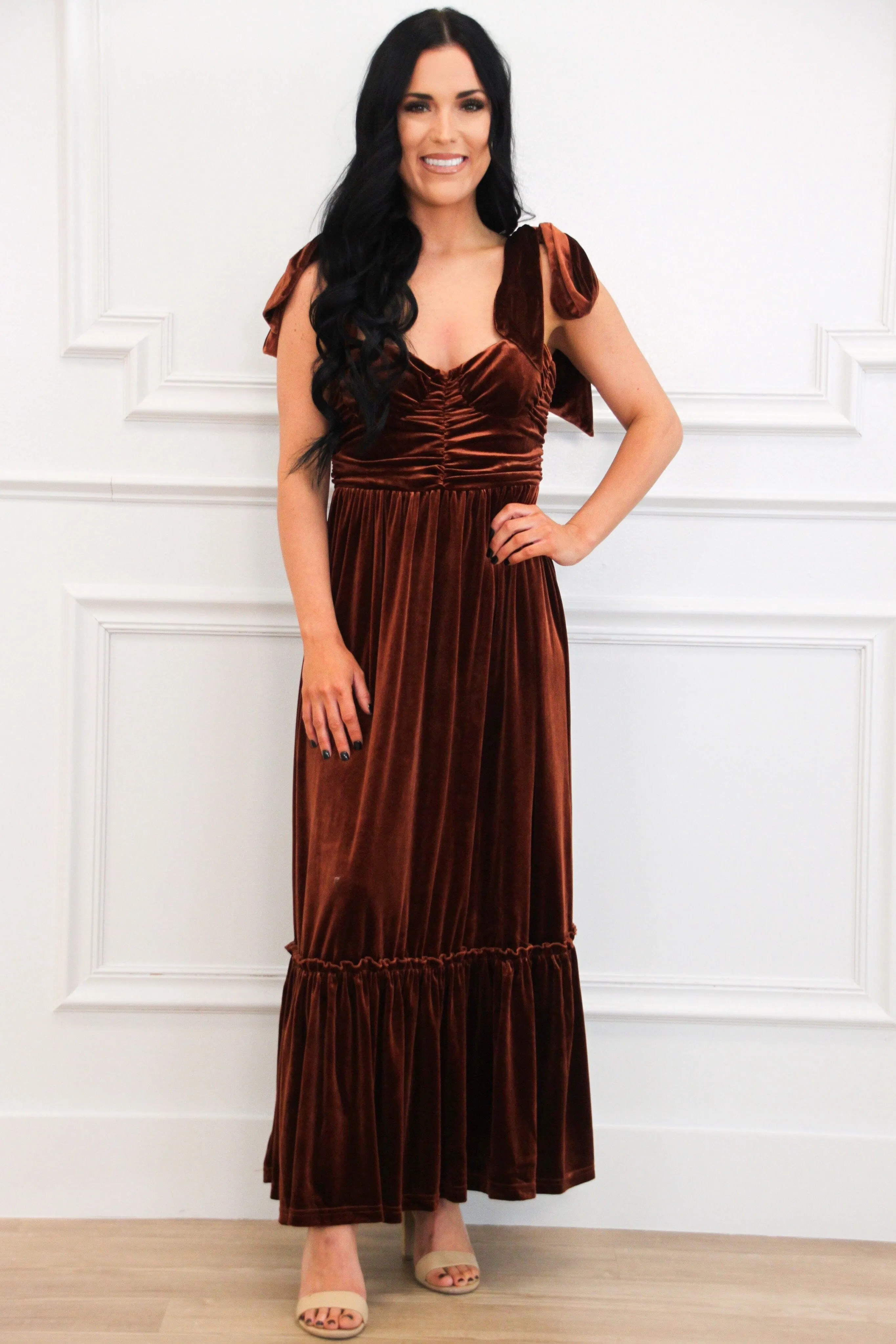 Emiliana Velvet Bow Strap Maxi Dress: Rust sold by Bella and Bloom