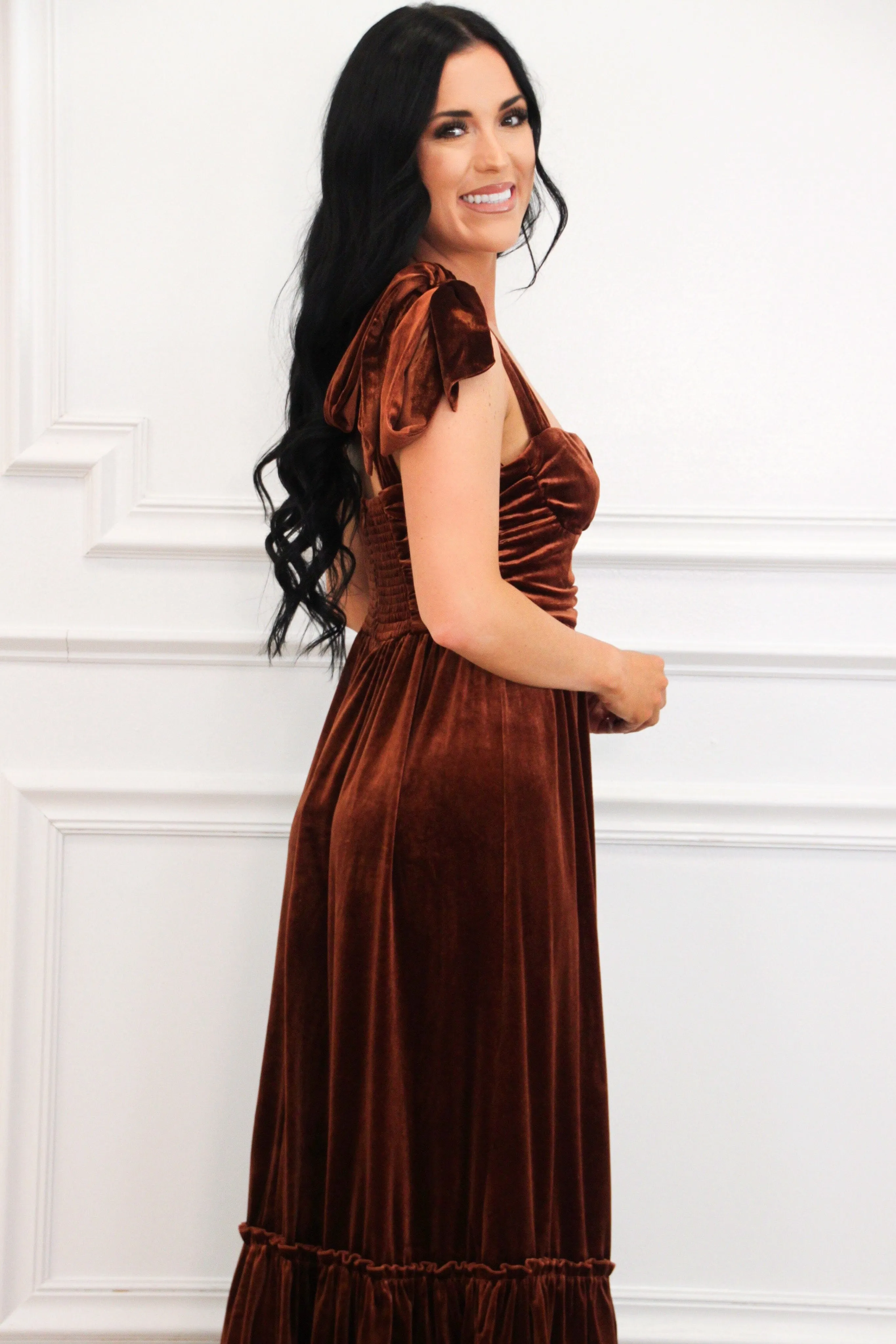 Emiliana Velvet Bow Strap Maxi Dress: Rust sold by Bella and Bloom product image thumbnail 2