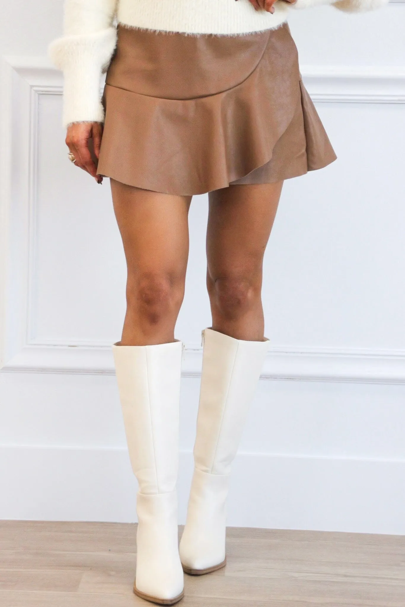 Netta Faux Leather Ruffle Skirt: Mocha sold by Bella and Bloom