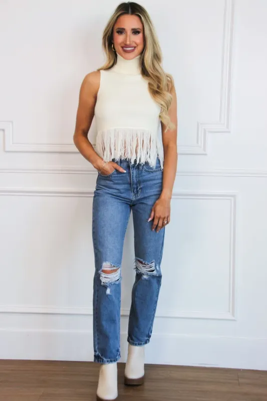 Roanie Turtleneck Fringe Sweater: Ivory sold by Bella and Bloom