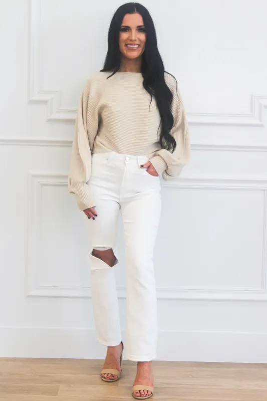 Staple Moment Boat Neck Balloon Sleeve Sweater: Sand Beige sold by Bella and Bloom