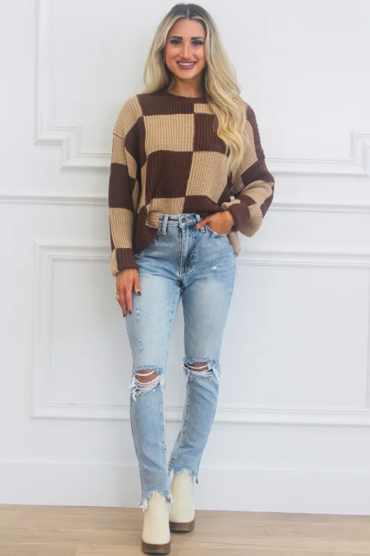 So Trendy Checkered Sweater: Brown sold by Bella and Bloom