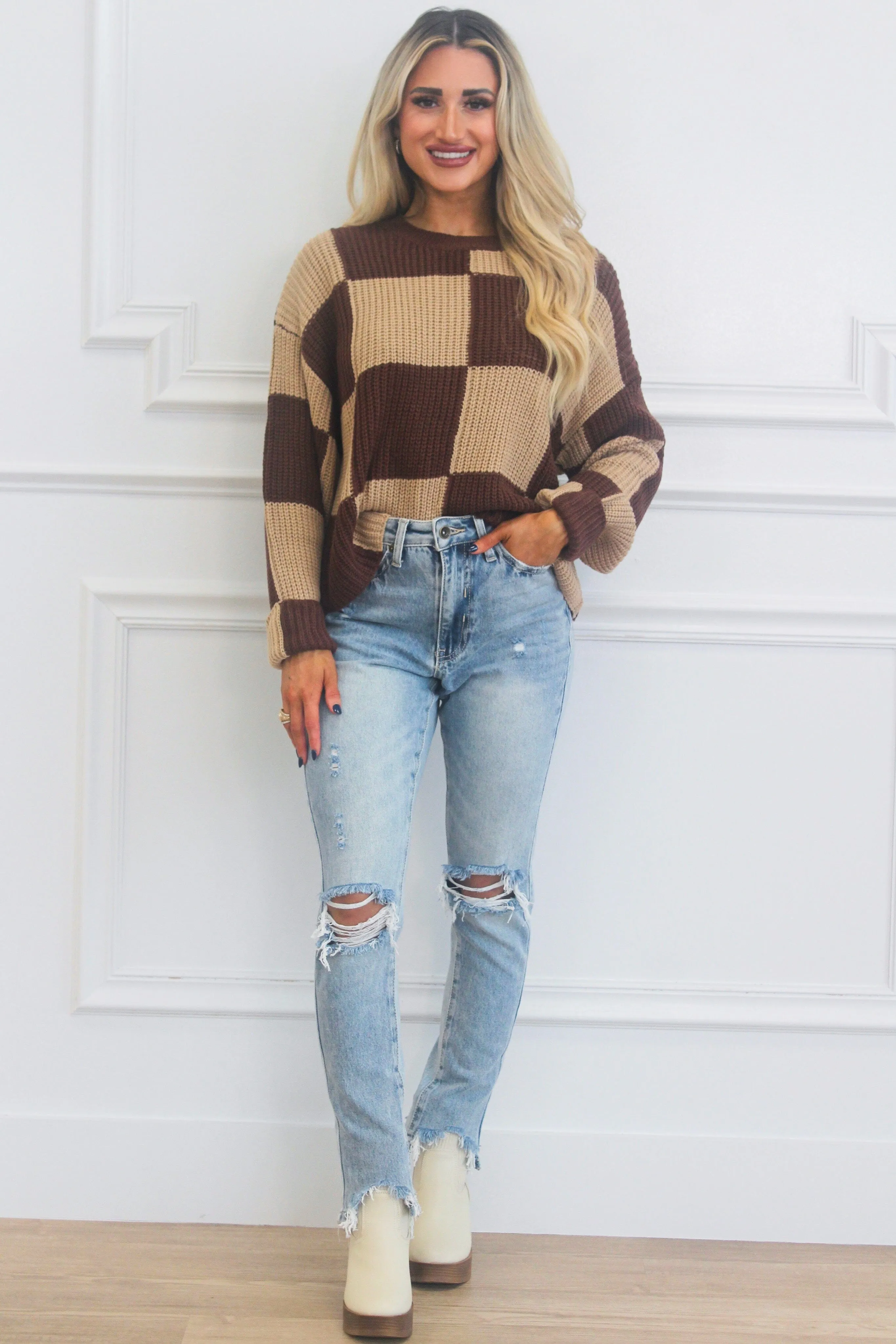 So Trendy Checkered Sweater: Brown sold by Bella and Bloom