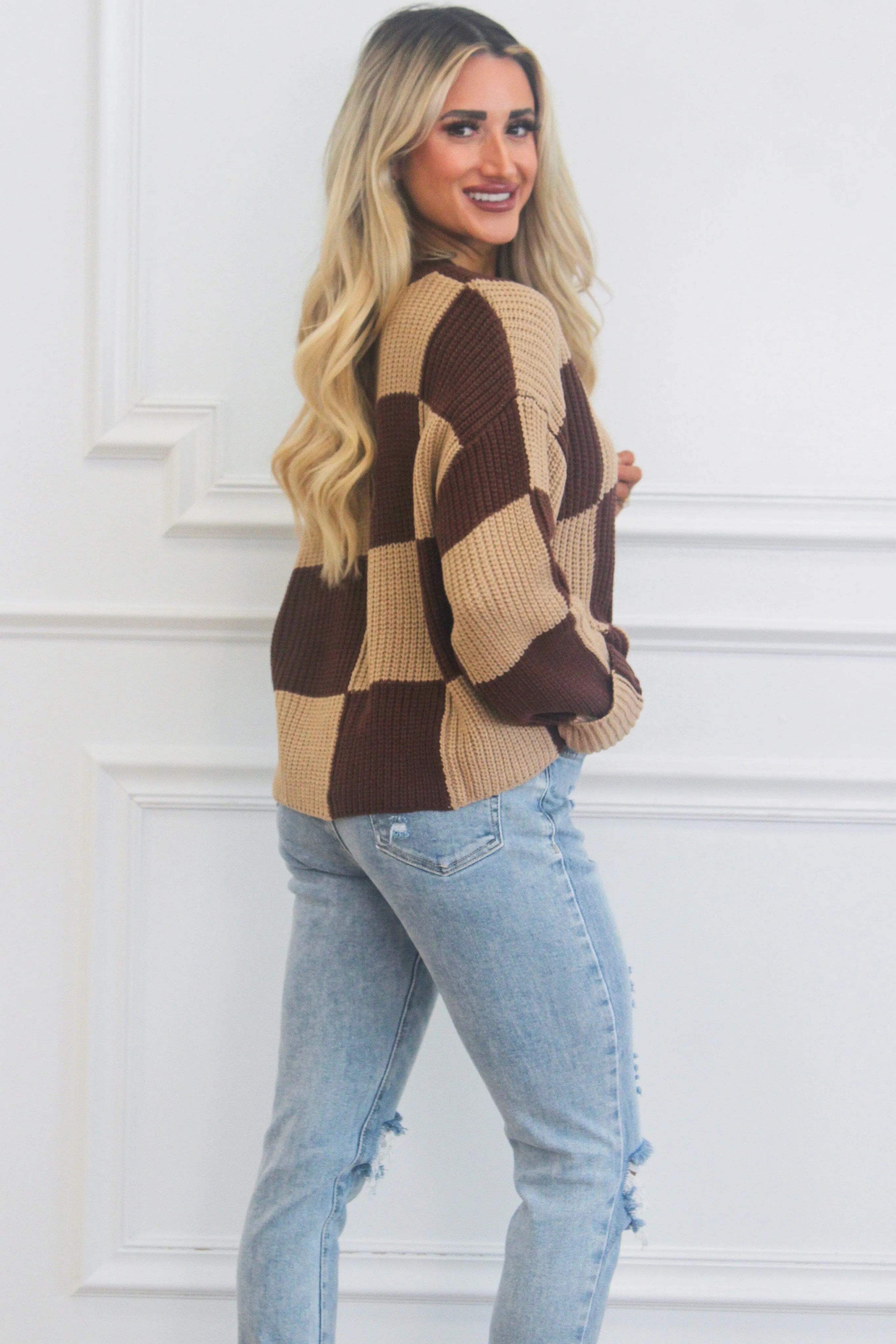 So Trendy Checkered Sweater: Brown sold by Bella and Bloom product image thumbnail 3