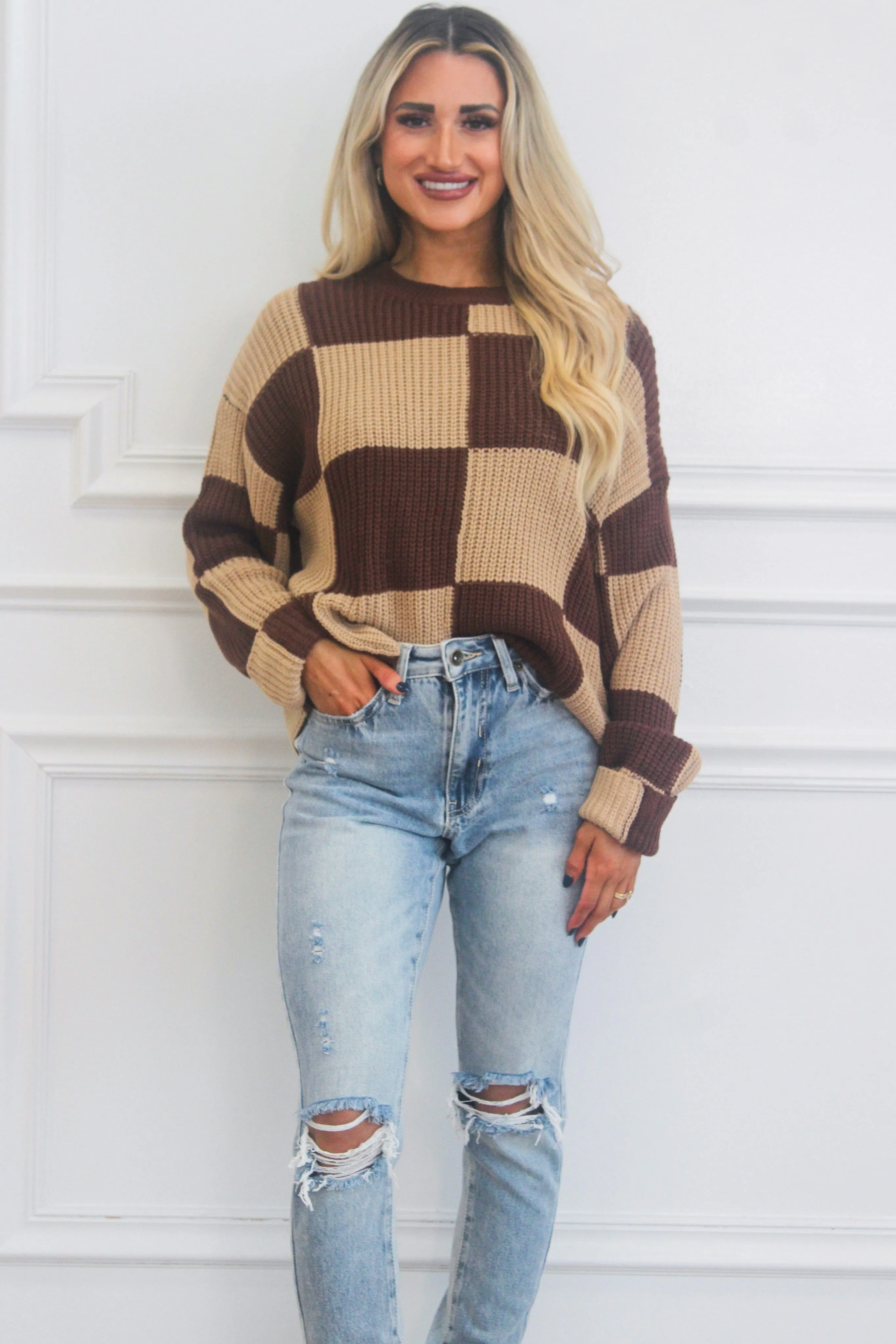 So Trendy Checkered Sweater: Brown sold by Bella and Bloom product image thumbnail 2