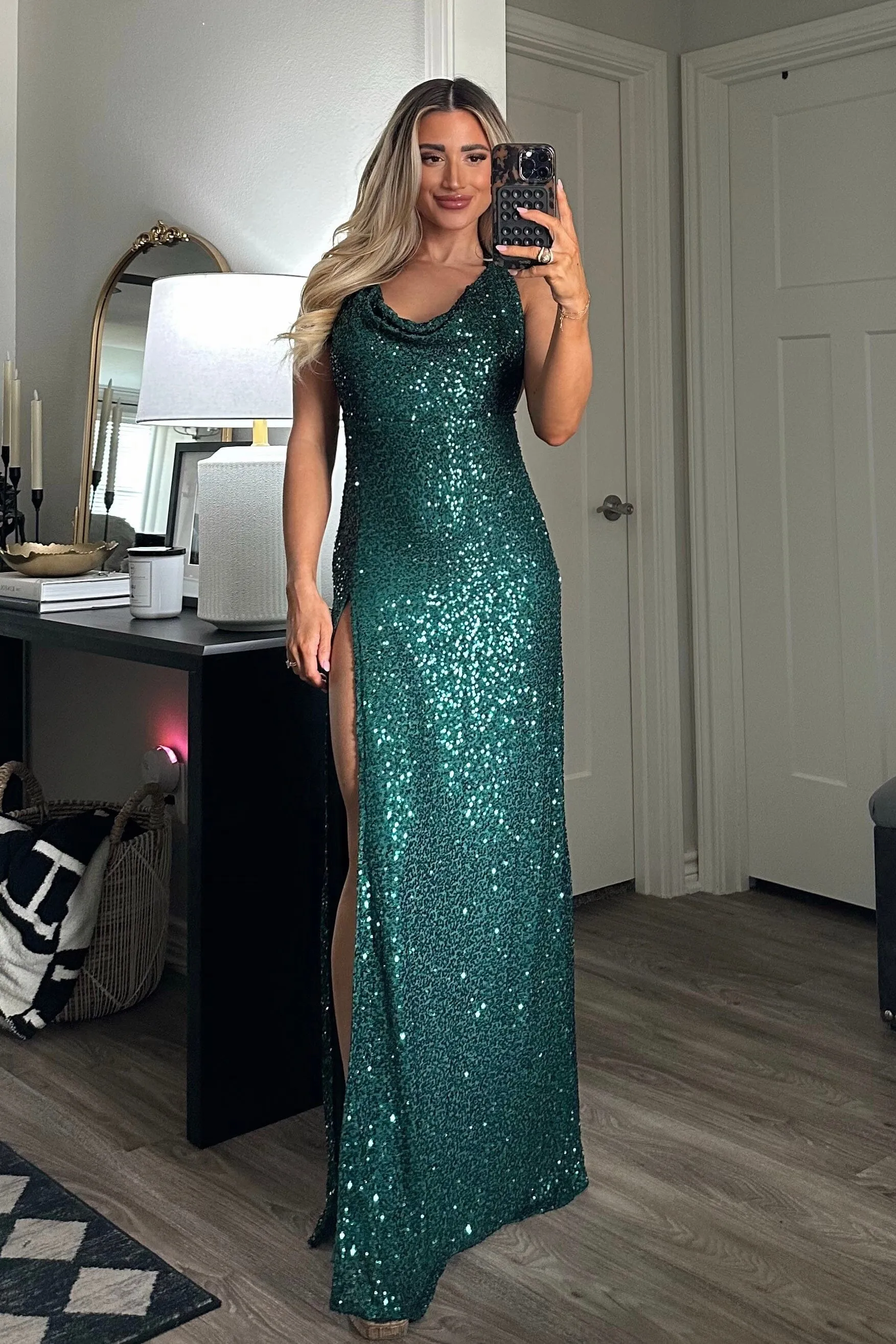 Party Glam Cowl Neck Sequin Maxi Dress: Hunter Green sold by Bella and Bloom product image thumbnail 4