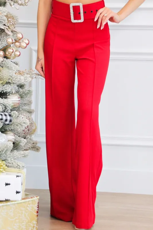 Touch of Sparkle High Waisted Embellished Belt Pants: Red sold by Bella and Bloom