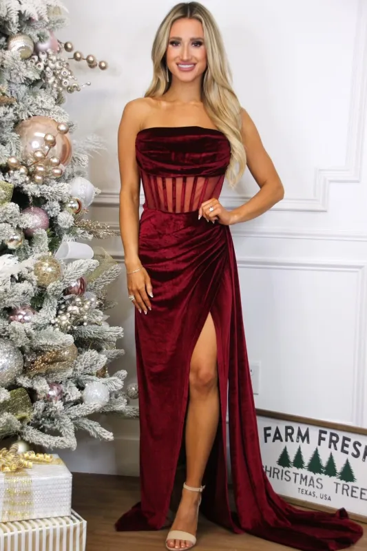 Eve Velvet Bustier Maxi Dress: Wine sold by Bella and Bloom