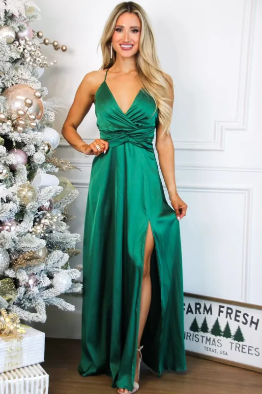 Heart to Heart Satin Maxi Dress: Emerald sold by Bella and Bloom