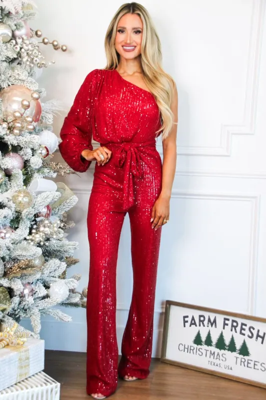 Steal the Show One Shoulder Sequin Jumpsuit: Dark Red sold by Bella and Bloom