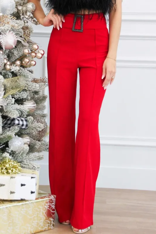 Jovie Belted High Waisted Black Buckle Pants: Red sold by Bella and Bloom