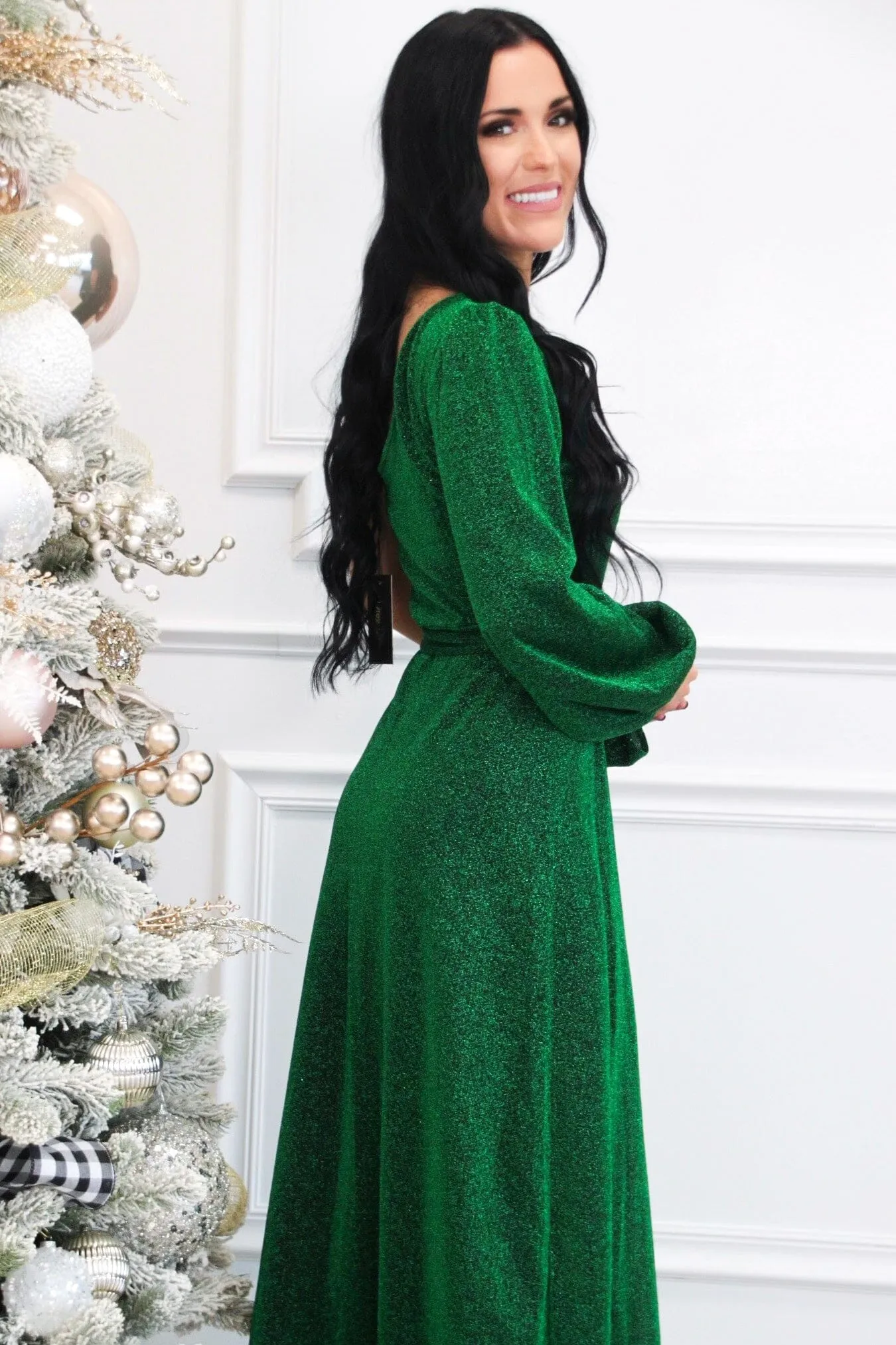 Elle One Shoulder Shimmer Maxi Dress: Green sold by Bella and Bloom product image thumbnail 3