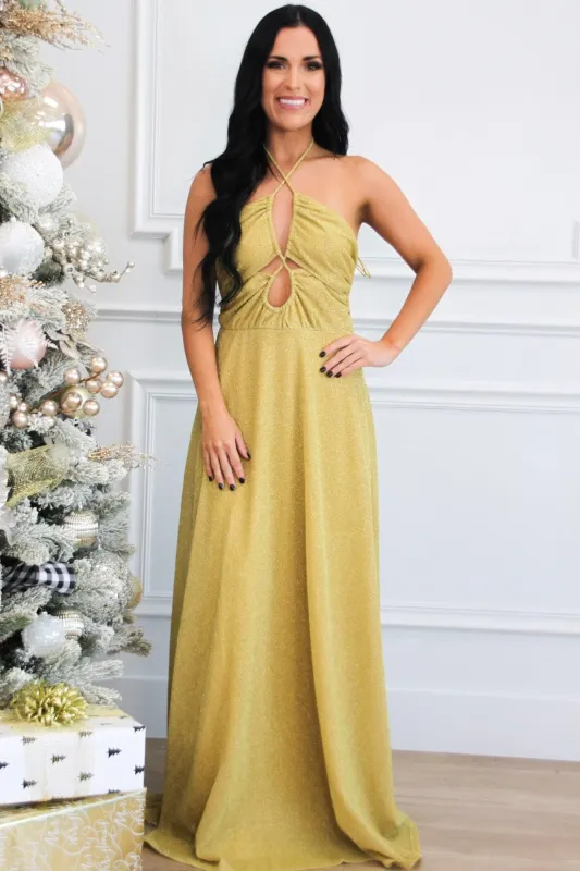 Pandora Shimmer Cutout Maxi Dress: Gold sold by Bella and Bloom