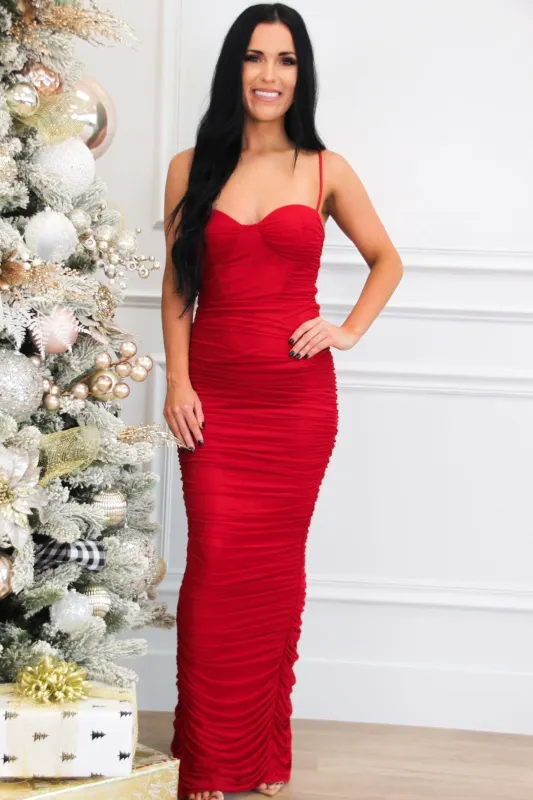 Show Out Bustier Ruched Maxi Dress: Red sold by Bella and Bloom