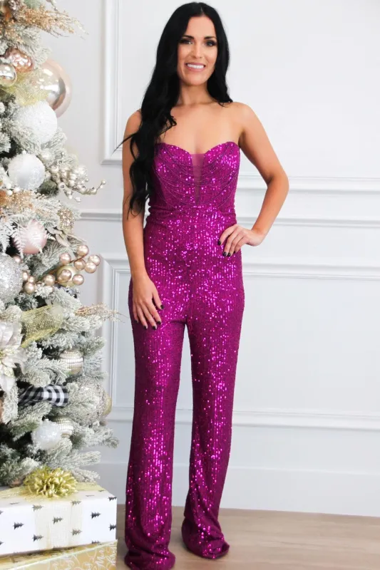 Beverlin Strapless Sequin Jumpsuit: Magenta sold by Bella and Bloom