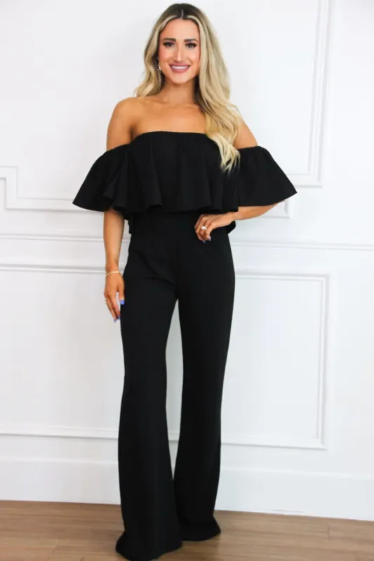 Darcy Off Shoulder Jumpsuit: Black sold by Bella and Bloom