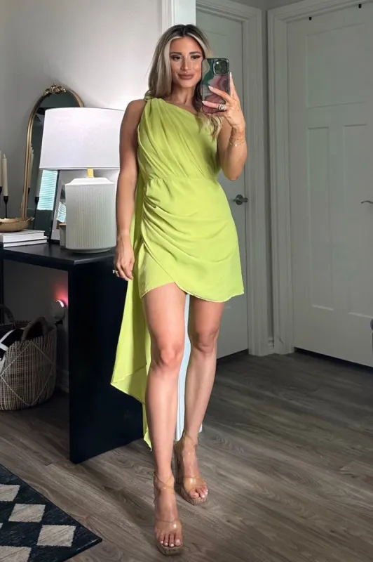 Pretty Little Devil Drape One Shoulder Dress: Lime sold by Bella and Bloom