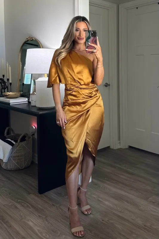 Back to You One Shoulder Midi Dress: Mustard sold by Bella and Bloom