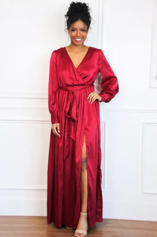Jordana Long Sleeve Satin Maxi Dress: Burgundy sold by Bella and Bloom