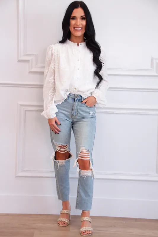 Carmine Embroidered Floral Button Top: White sold by Bella and Bloom