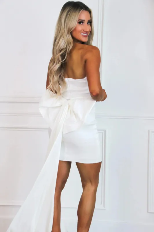 Bow You Away Strapless Dress: White sold by Bella and Bloom