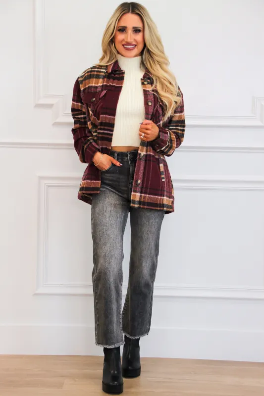 Lawrence Plaid Sherpa Lined Shacket: Burgundy sold by Bella and Bloom