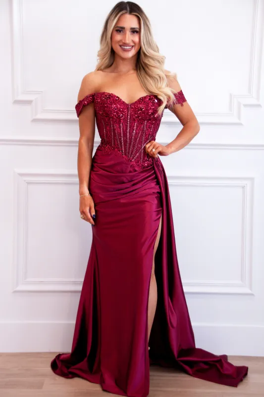 Zariah Off Shoulder Lace Embellished Satin Bustier Formal Dress: Burgundy sold by Bella and Bloom