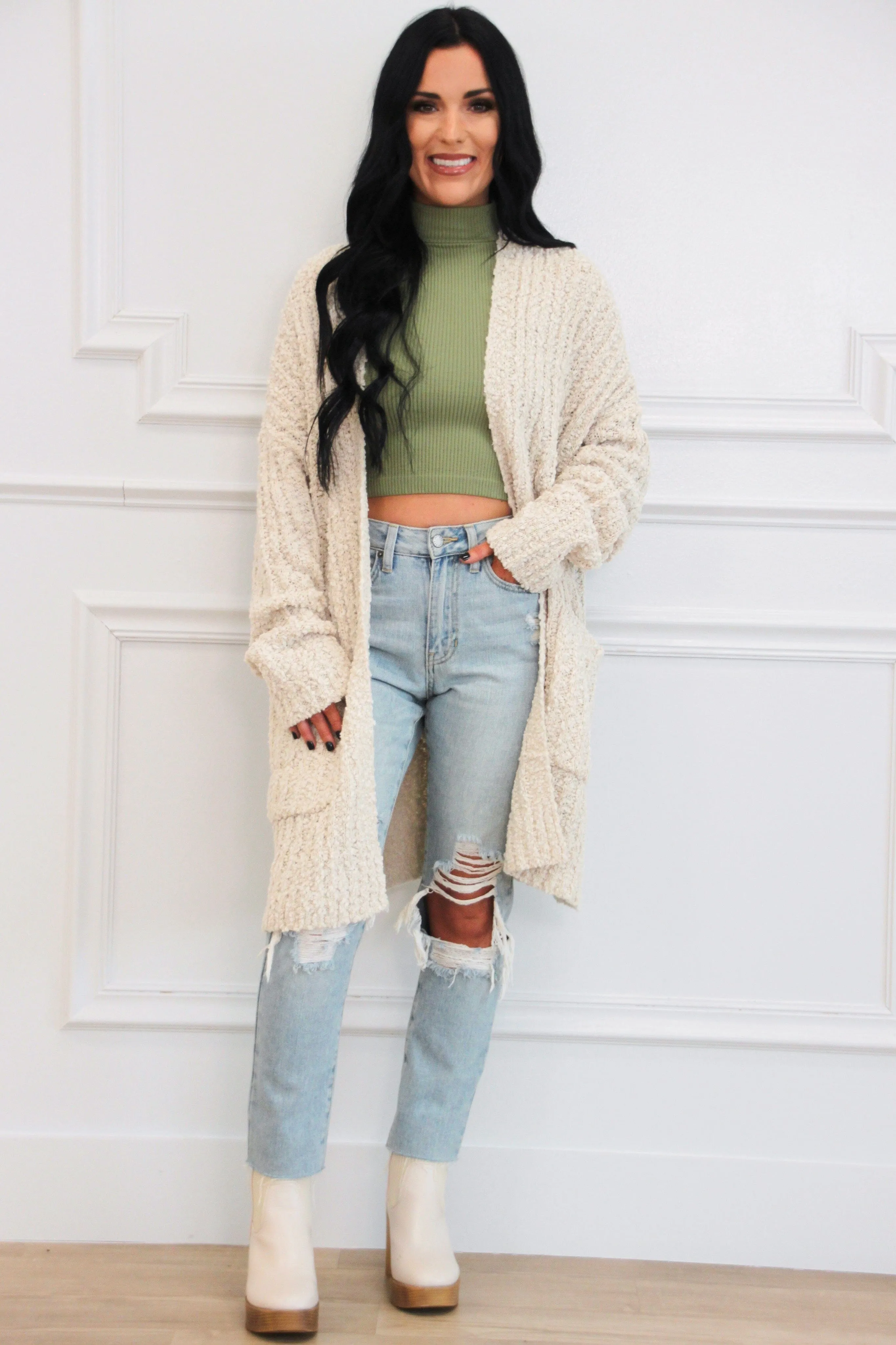 Warm Up Sweater Knit Cardigan: Cream sold by Bella and Bloom