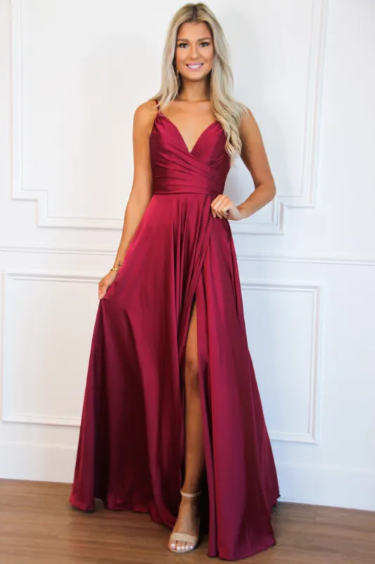 Ella Satin Slit Formal Dress: Burgundy sold by Bella and Bloom