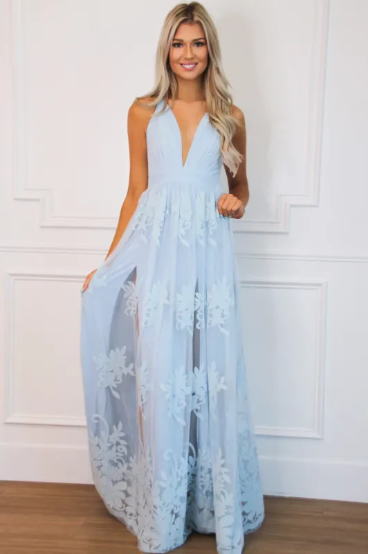 Here Comes the Bride Maxi Dress: Light Blue sold by Bella and Bloom