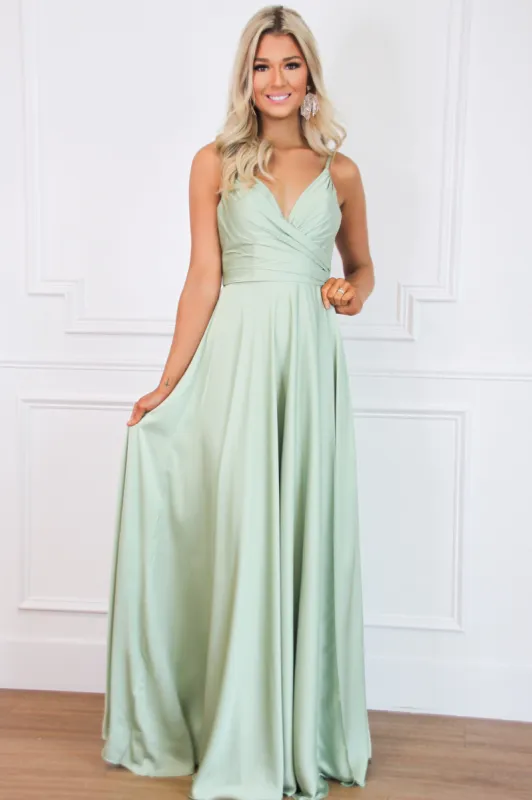 Ella Satin Slit Formal Dress: Sage sold by Bella and Bloom
