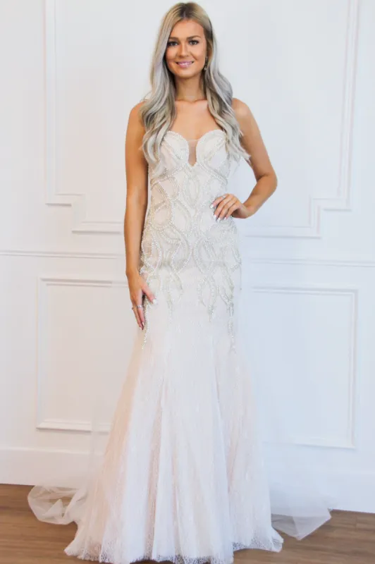 Happily Ever After Lace Mermaid Wedding Dress: Ivory/Nude sold by Bella and Bloom