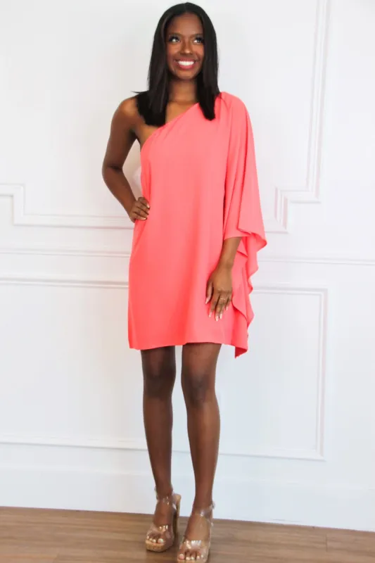 Get to Know You One Shoulder Dress: Bright Coral sold by Bella and Bloom