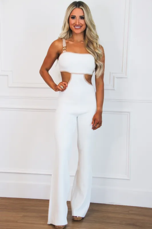 Broadway Girl Cutout Jumpsuit: White/Tan sold by Bella and Bloom